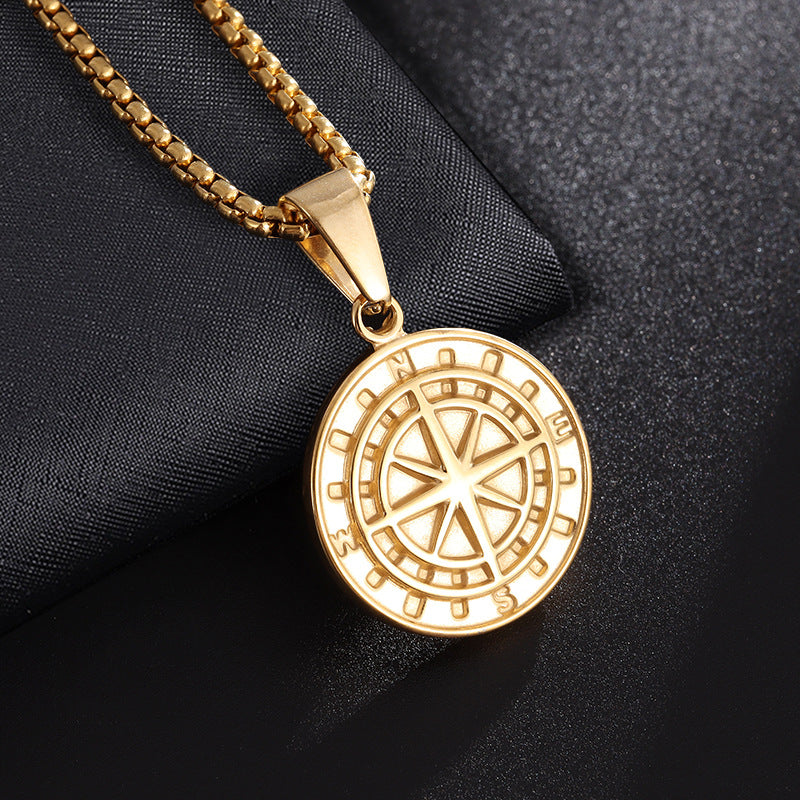 European And American Stainless Steel Men's Round Compass Hip Hop Necklace