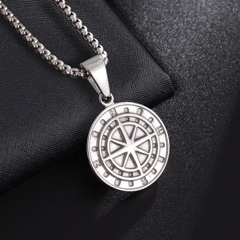 European And American Stainless Steel Men's Round Compass Hip Hop Necklace