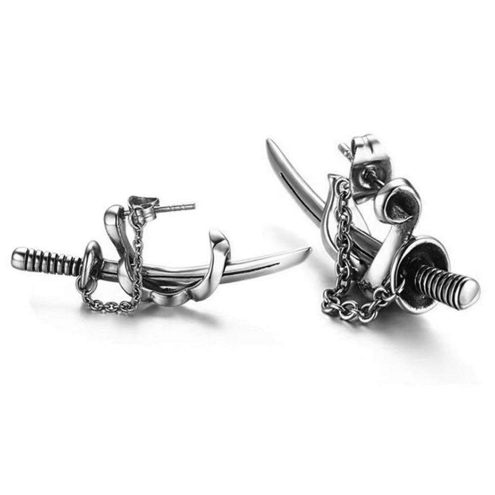 Trendy Fashion Hip Hop Punk Men's Cross Sword Chain Stud Earrings