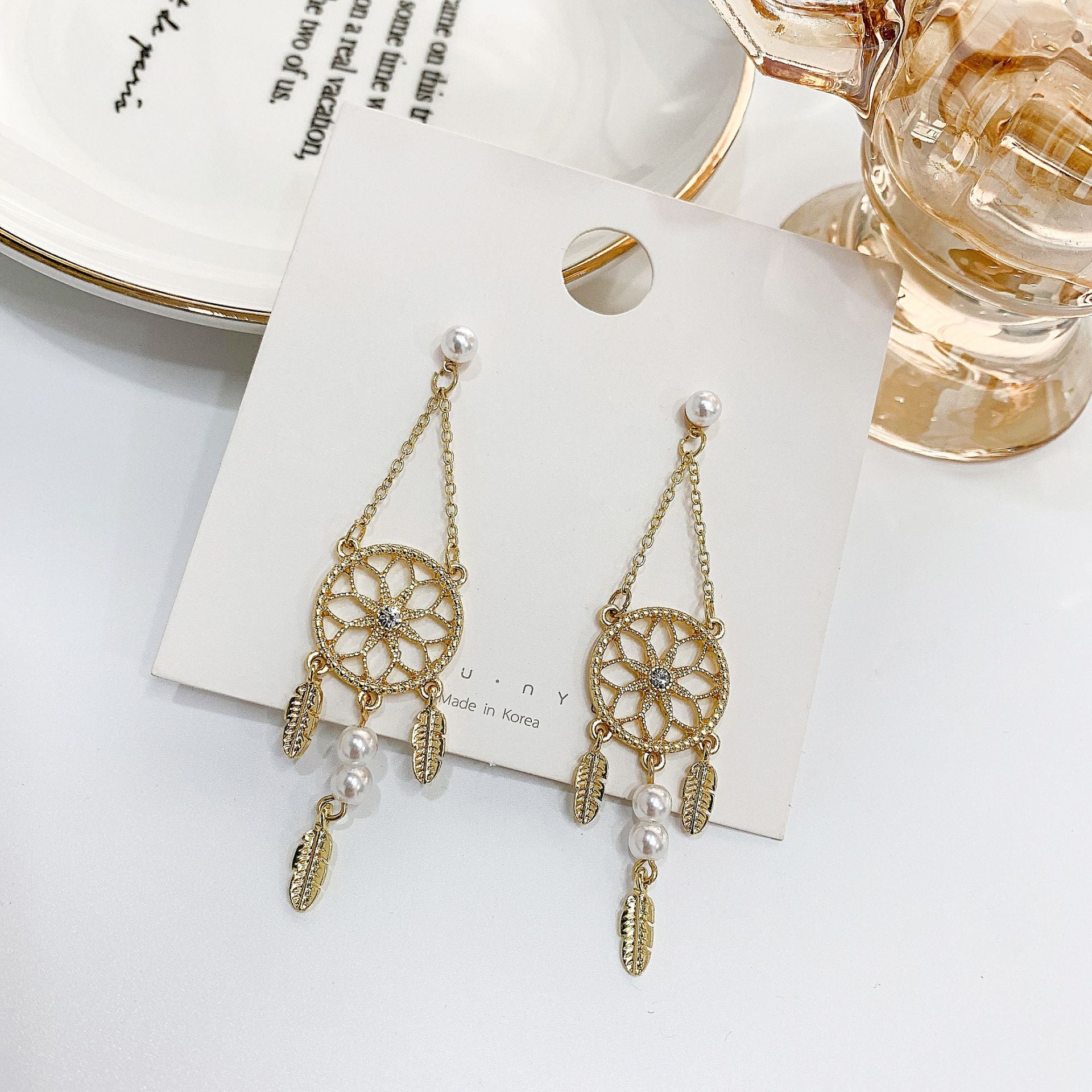 Hollow Flower Ring Feather Long Retro Long Pearl Flower Earrings