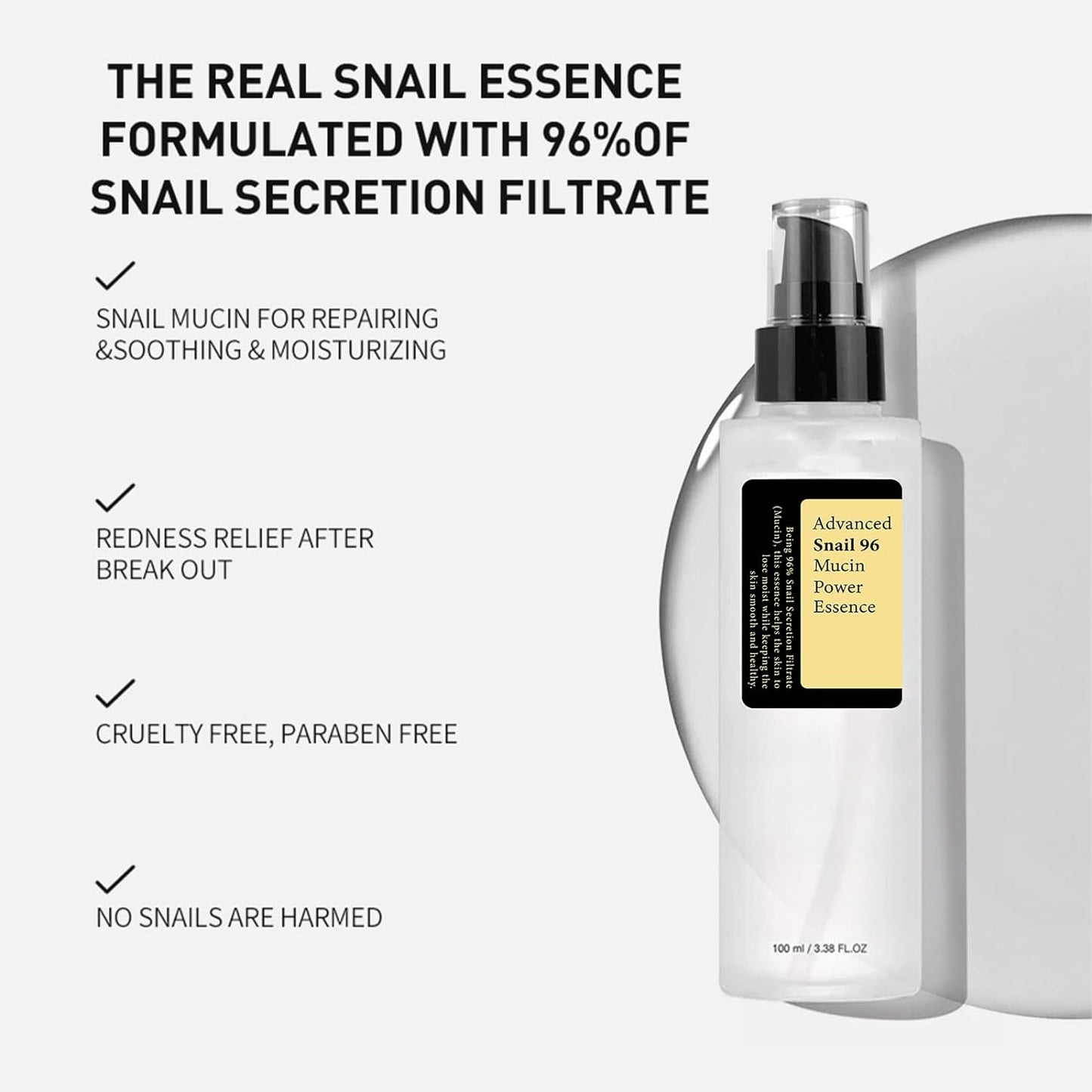 Snail Mucin 96% Power Repairing Essence: Anti-Aging Serum for Dull and Damaged Skin, Enriched with Snail Secretion Filtrate to Correct Discoloration 100ml