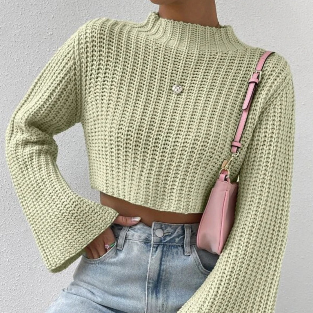 Pure Color All-matching High Waist Short Bell Sleeve Mock Neck Sweater Ladies