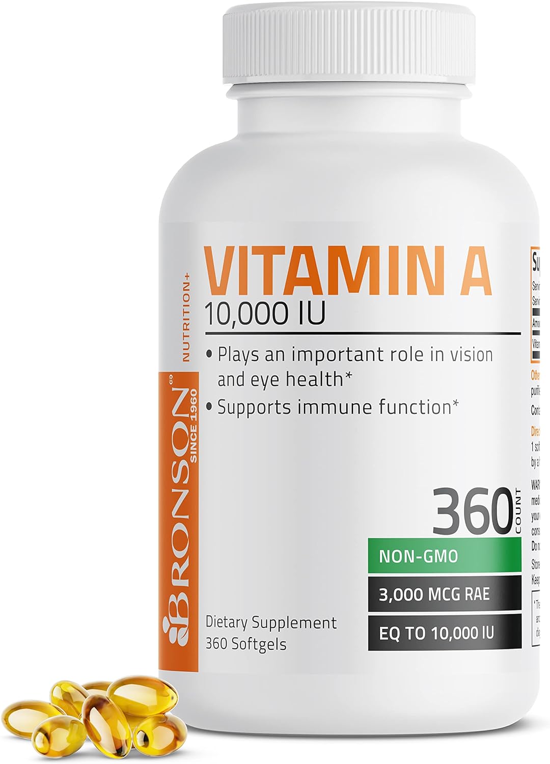 Bronson Premium Non-GMO Vitamin A 10,000 IU: Promoting Healthy Vision, Immune System, Growth, and Reproduction with 360 Softgels