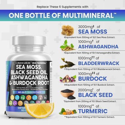 Dietary Supplement Capsules for Ultimate Health Boost: Sea Moss, Black Seed Oil, Ashwagandha, Burdock Root, and More