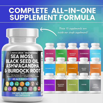 Dietary Supplement Capsules for Ultimate Health Boost: Sea Moss, Black Seed Oil, Ashwagandha, Burdock Root, and More