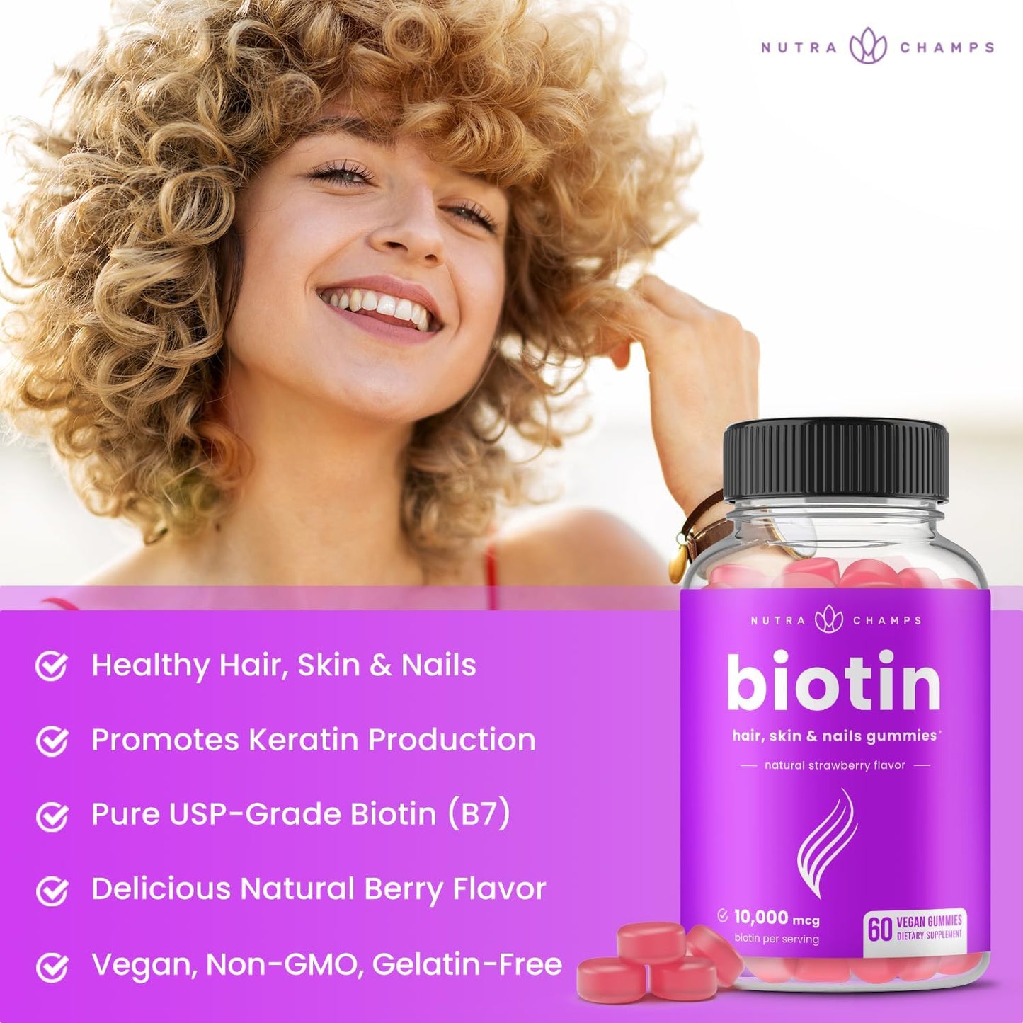 High-Potency NutraChamps Biotin Gummies: 10,000mcg for Strong Hair, Skin & Nails - Suitable for Women, Men & Kids - Vegan, Non-GMO Hair Health Supplement