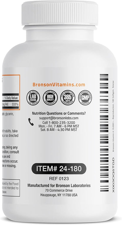 Bronson Premium Non-GMO Vitamin A 10,000 IU: Promoting Healthy Vision, Immune System, Growth, and Reproduction with 360 Softgels