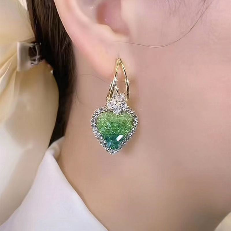 Green Crystal Love Heart Earrings New Trendy Temperamental Minority High Sense Female