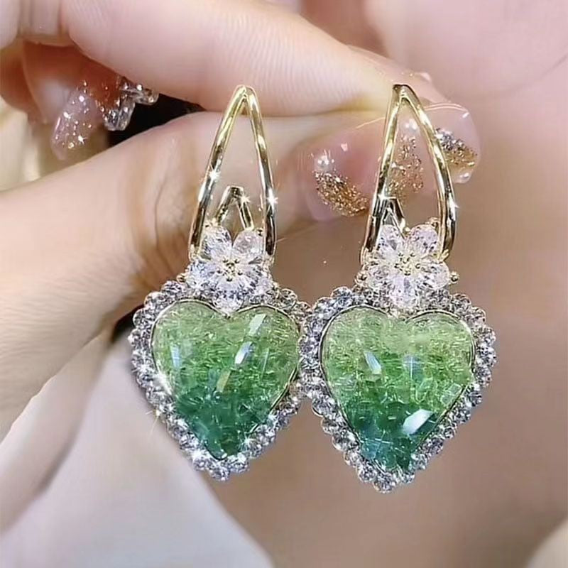 Green Crystal Love Heart Earrings New Trendy Temperamental Minority High Sense Female