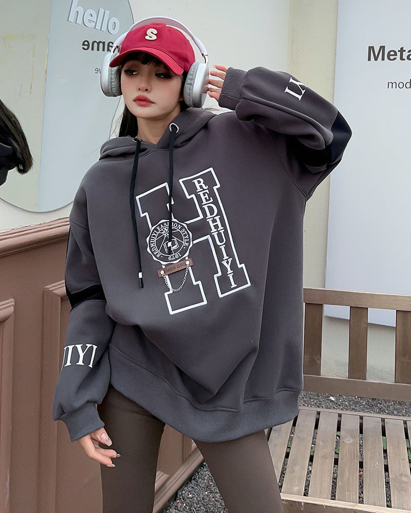 Women's Casual Embroidered Letters Velvet Padded Hooded Sweatshirt