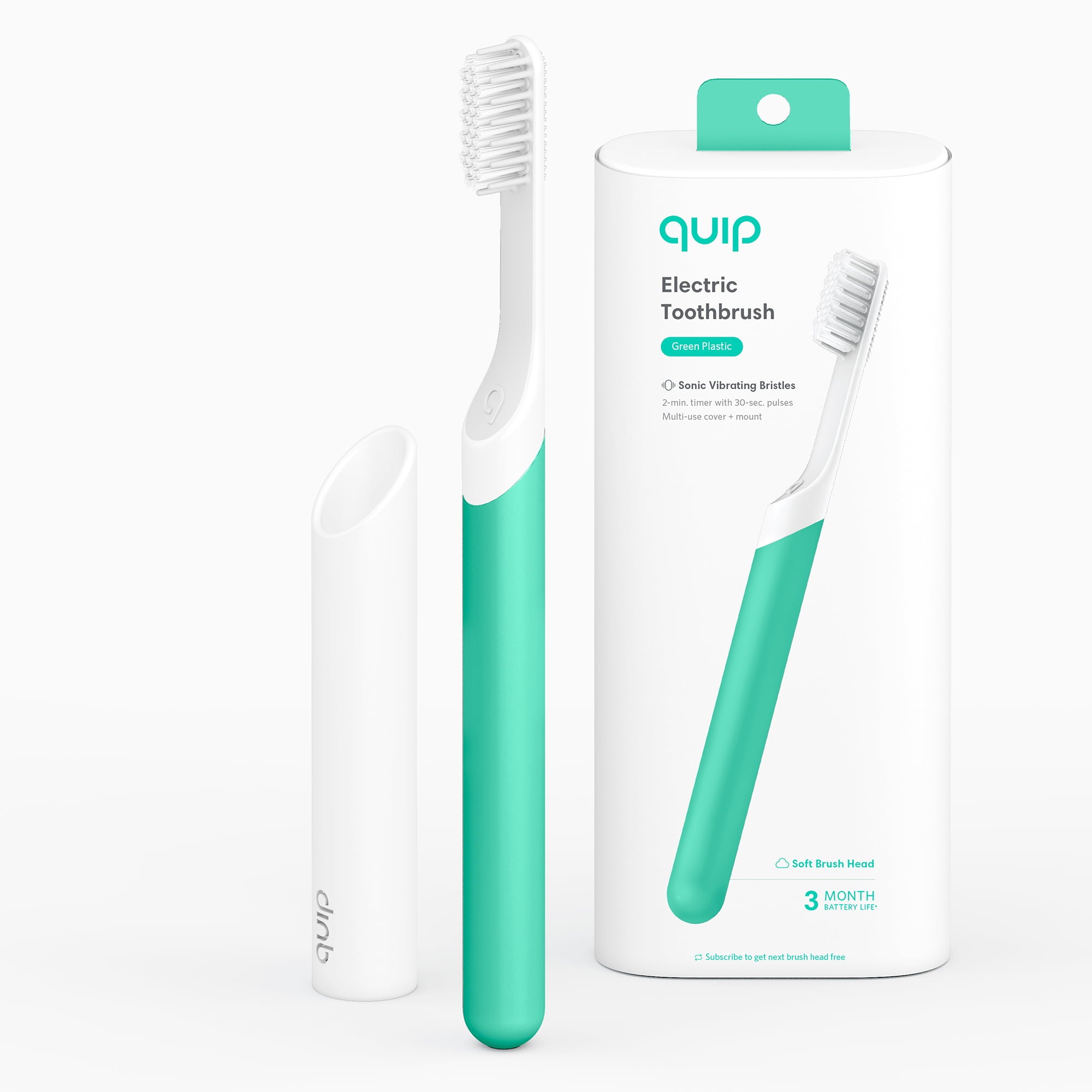 Quip Adult Electric Toothbrush, Built-in Timer + Travel Case, Green Plastic, 1 Ct