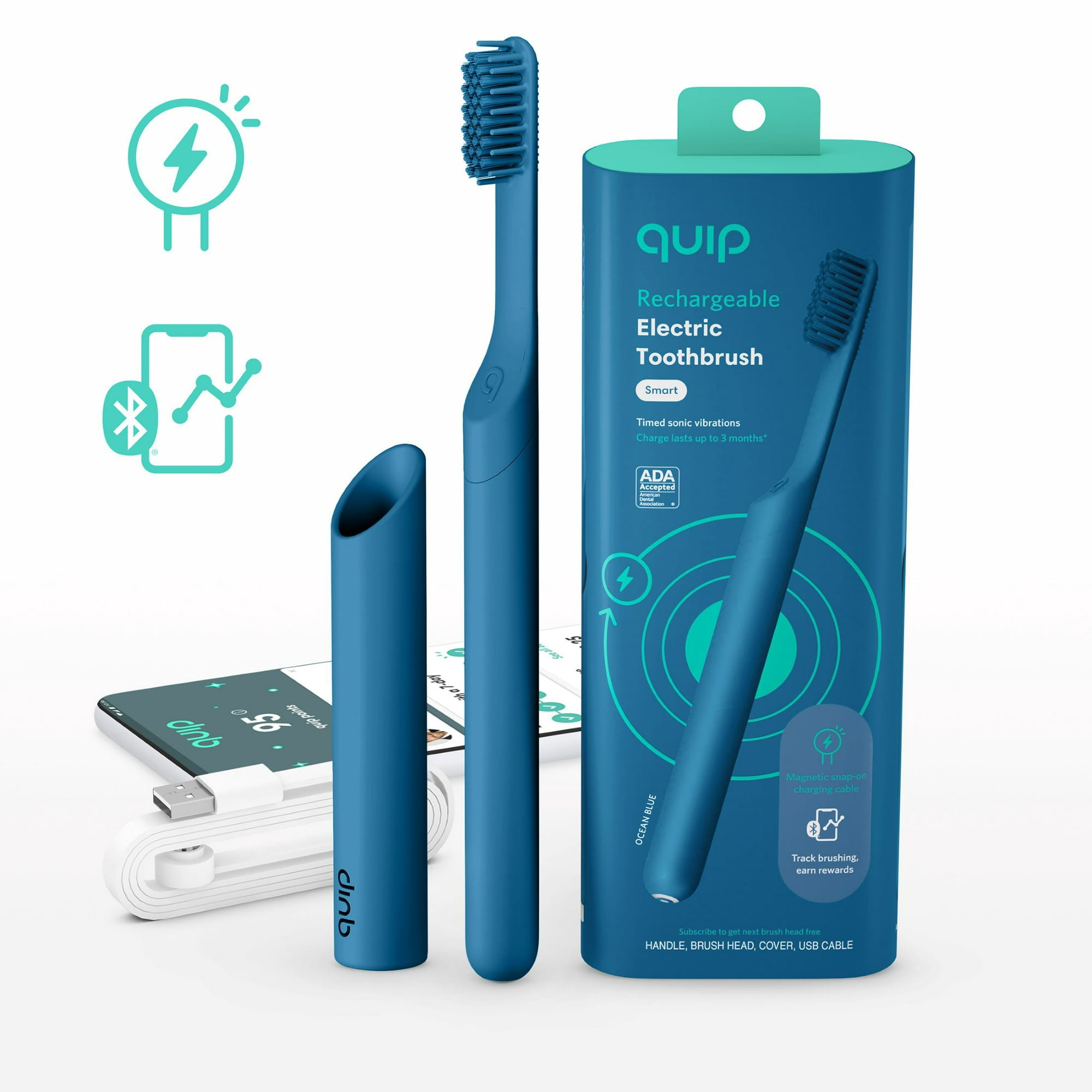 Quip Adult Smart Electric Rechargeable Toothbrush, Ocean Blue, 1 Ct